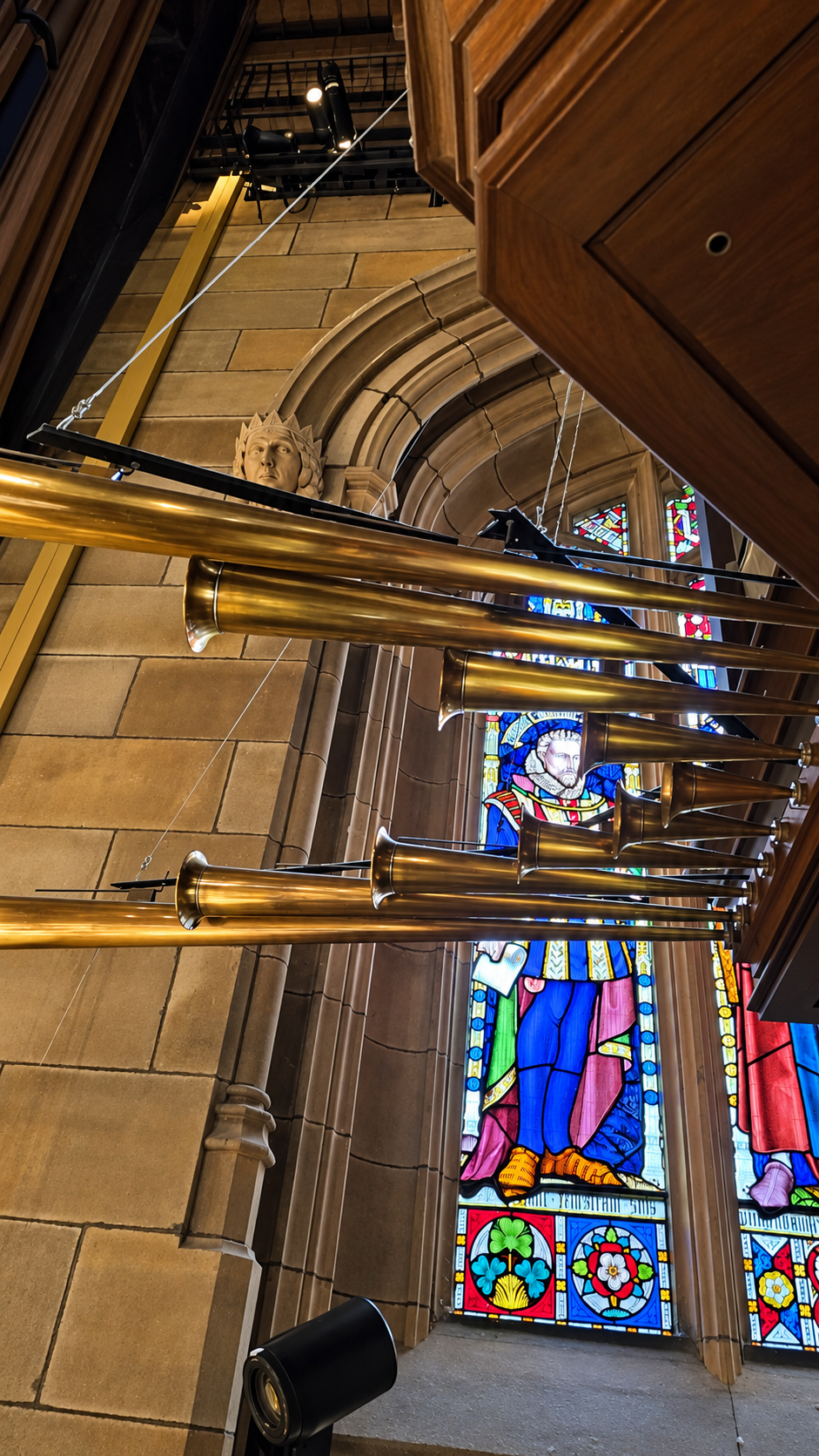 Golden organ pipes beneath a gothic stained glass window